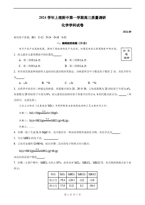 2024-2025学年上理附中高三上9月月考化学试卷