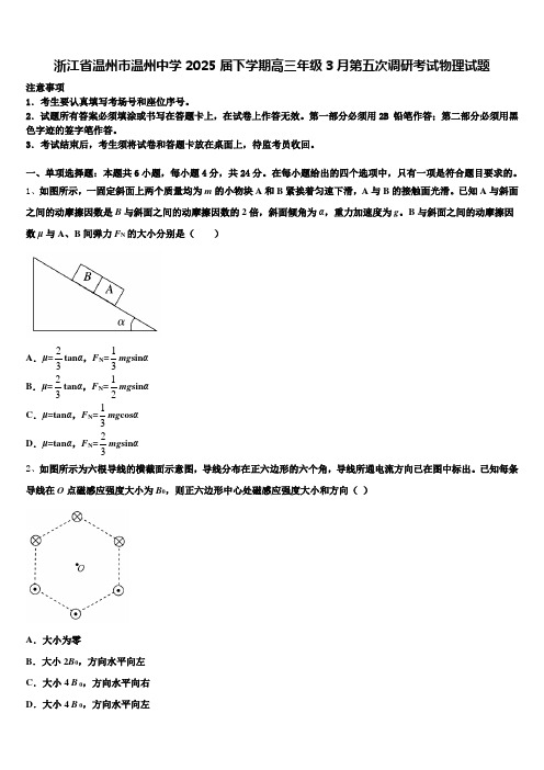 浙江省温州市温州中学2025届下学期高三年级3月第五次调研考试物理试题含解析