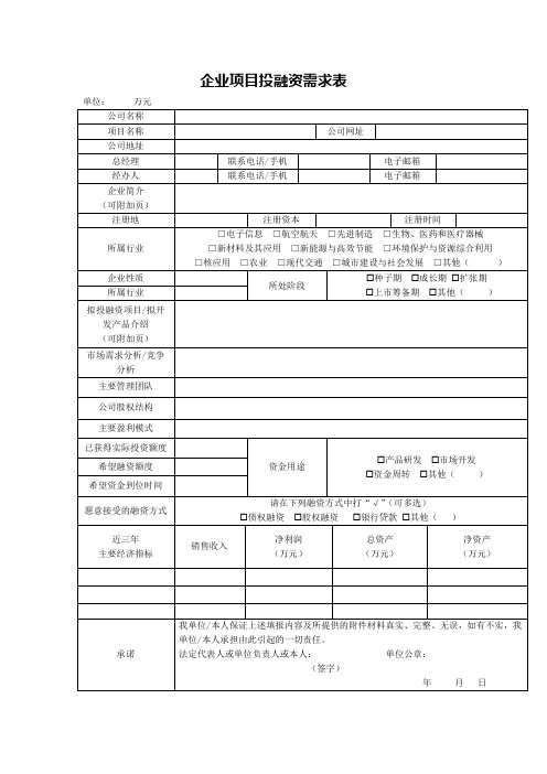 企业项目投融资需求表