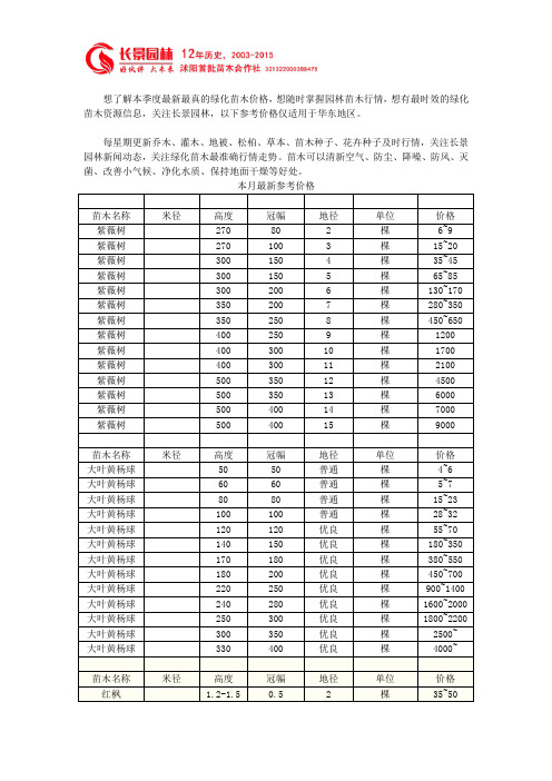 华东地区绿化苗木价格参考 本月最新.