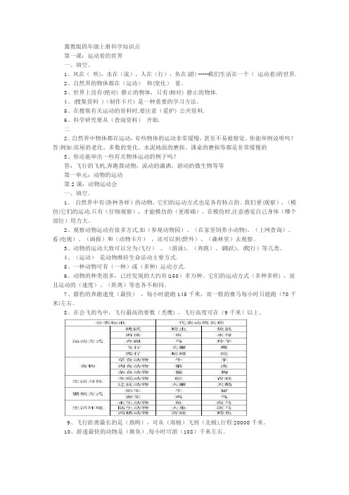 冀教版四年级上册科学知识点