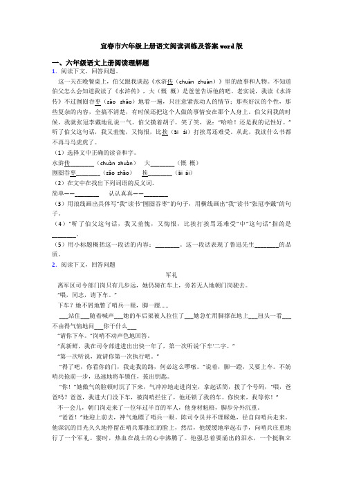 宜春市六年级上册语文阅读训练及答案word版