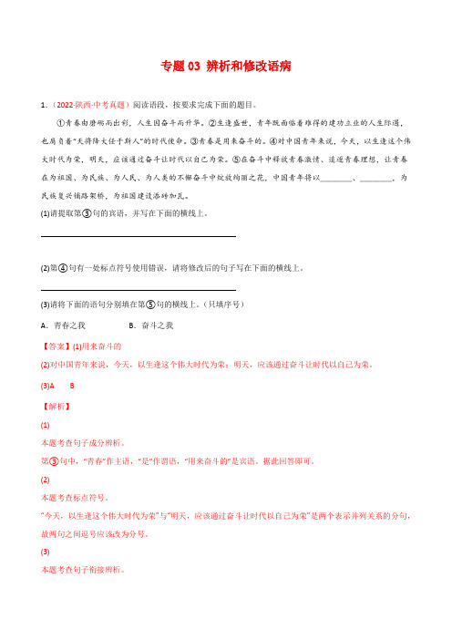 专题03 辨析和修改语病-三年(2020-2022)中考语文真题分项汇编(全国通用) 带解析