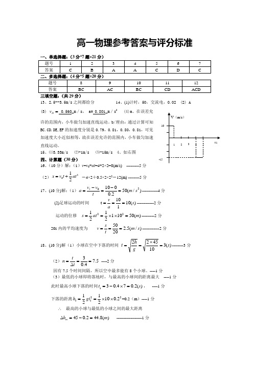 高一物理参考答案与评分标准