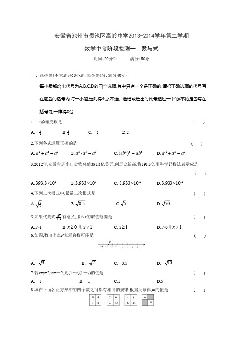 池州市贵池区2014年中考阶段检测一数与式含答案解析