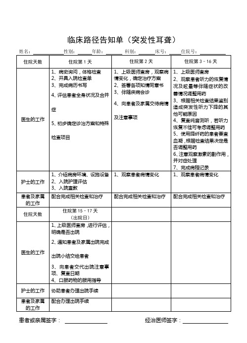 2016临床路径告知单,临床路径表单(突发性耳聋)