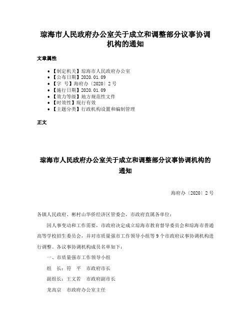 琼海市人民政府办公室关于成立和调整部分议事协调机构的通知