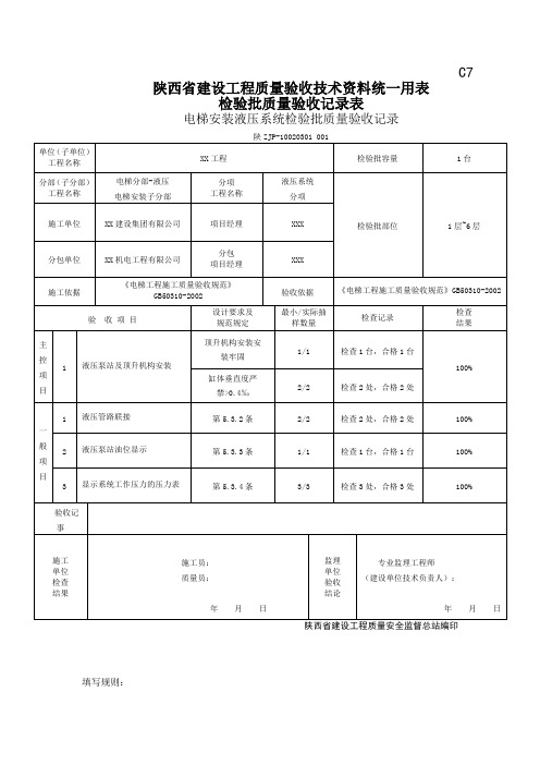 10020301电梯安装驱动电梯安装液压系统检验批质量验收记录 