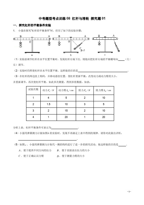 浙教版科学中考题型考点训练08-2 杠杆与滑轮 探究题01