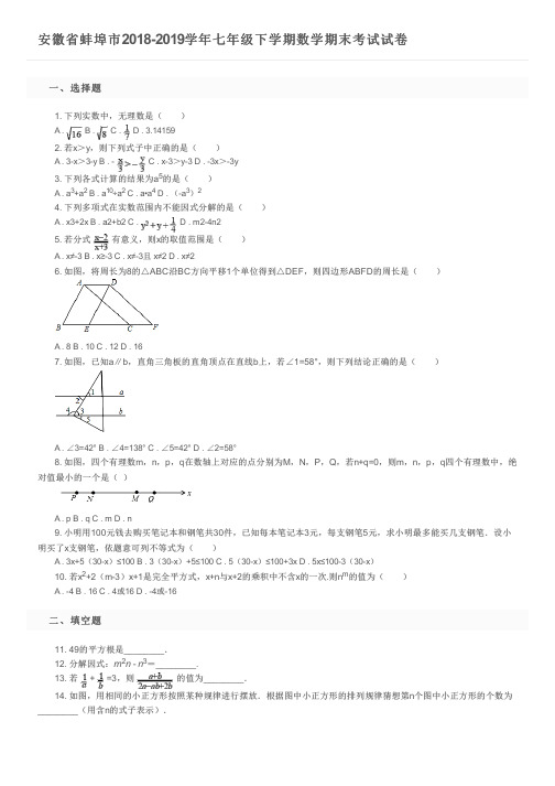 安徽省蚌埠市2018-2019学年七年级下学期数学期末考试试卷及参考答案