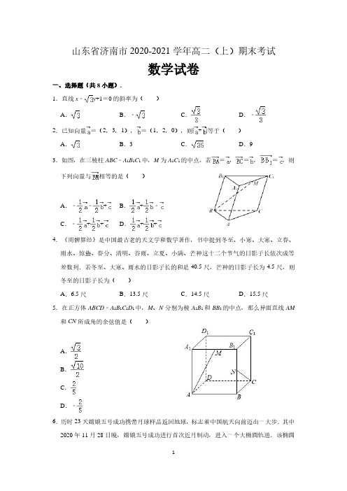 山东省济南市2020-2021学年高二上学期期末考试数学试卷 (含解析)