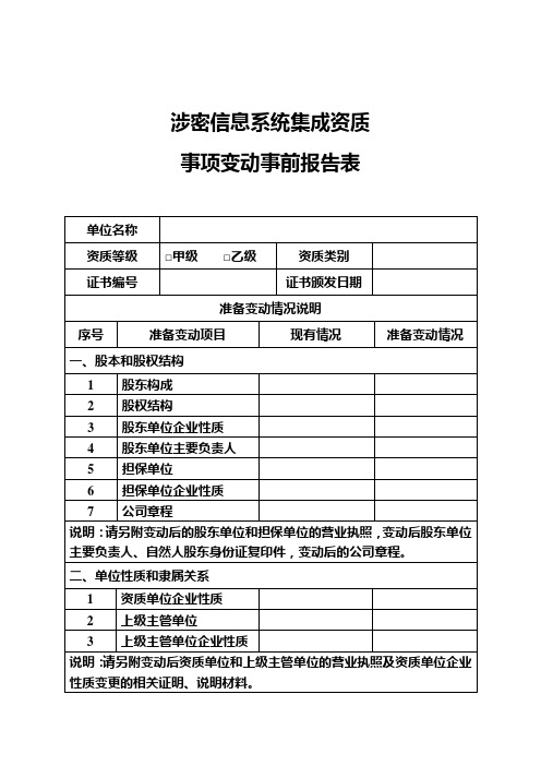 涉密信息系统集成资质事项变动事前报告表doc