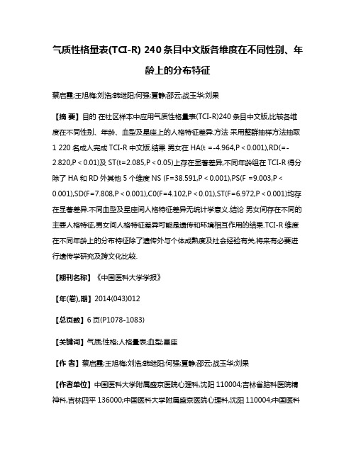 气质性格量表(TCI-R) 240条目中文版各维度在不同性别、年龄上的分布特征