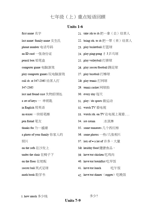 人教版新目标七年级英语上Units1～9重点短语回顾.doc