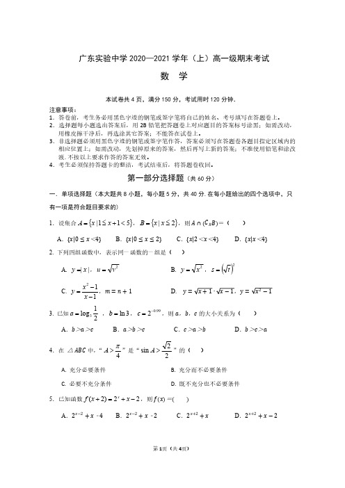 广东实验中学2020-2021学年高一上学期期末考试 数学试题(含答案)