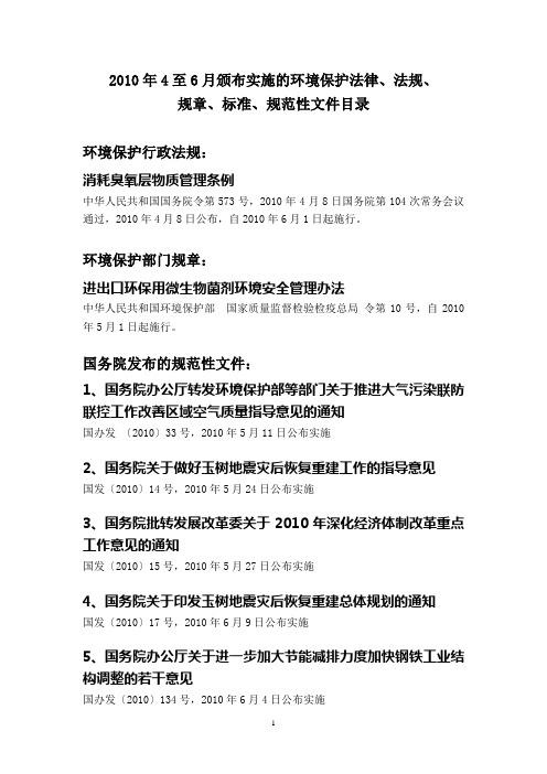 2010年4至6月颁布实施的环境保护法律、法规、