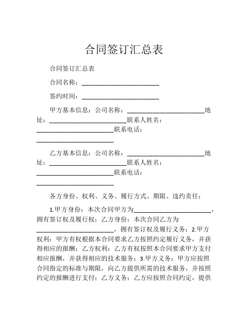 合同签订汇总表