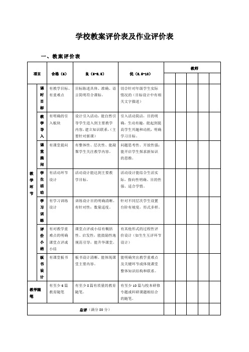 学校教案评价表及作业评价表