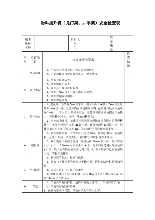 物料提升机(龙门架、井字架)安全检查表