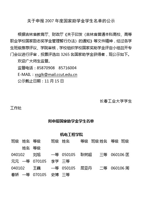 关于申报2007年度国家助学金学生名单的公示