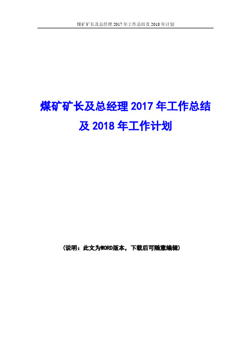 煤矿矿长及总经理2017年工作总结及2018年工作计划