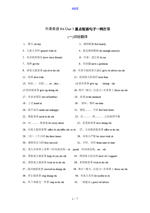 九年级英语9A Unit3 重点短语句子 牛津版