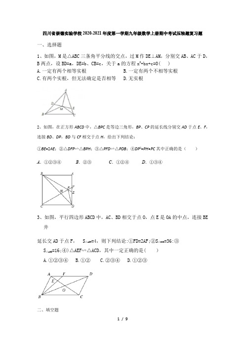 四川省崇德实验学校2020-2021学年九年级第一学期数学期中考试压轴题复习题(无答案)