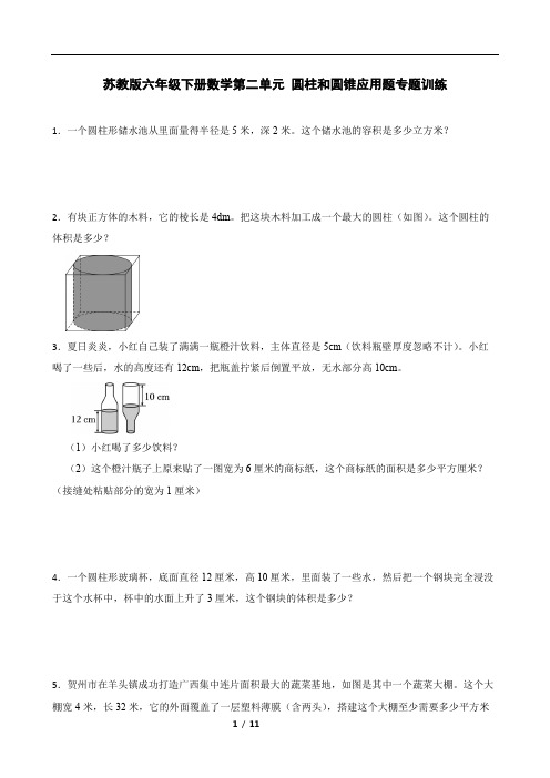 苏教版六年级下册数学第二单元 圆柱和圆锥应用题专题训练