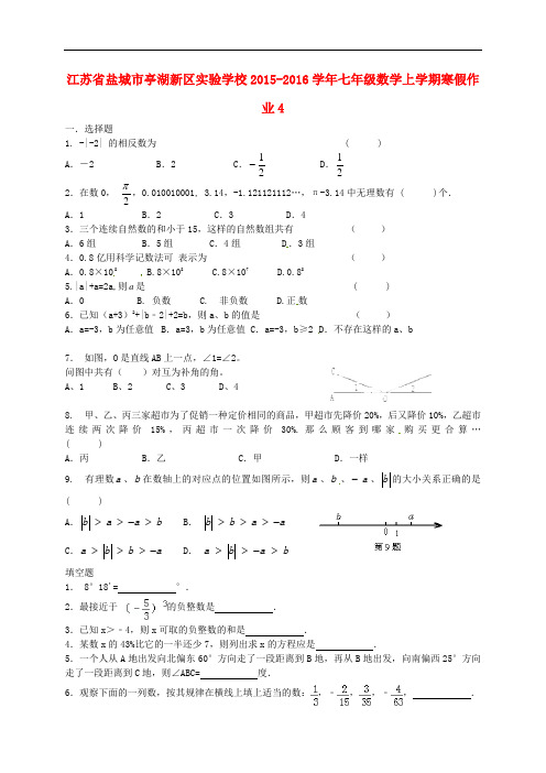 江苏省盐城市亭湖新区实验学校七年级数学上学期寒假作