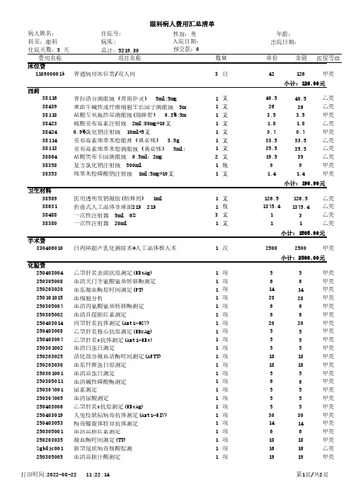 白内障眼科病人费用汇总清单模板