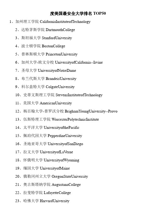 度美国最安全大学排名TOP50