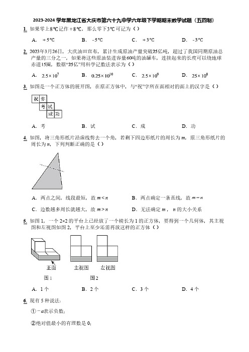 2023-2024学年黑龙江省大庆市第六十九中学六年级下学期期末数学试题(五四制)