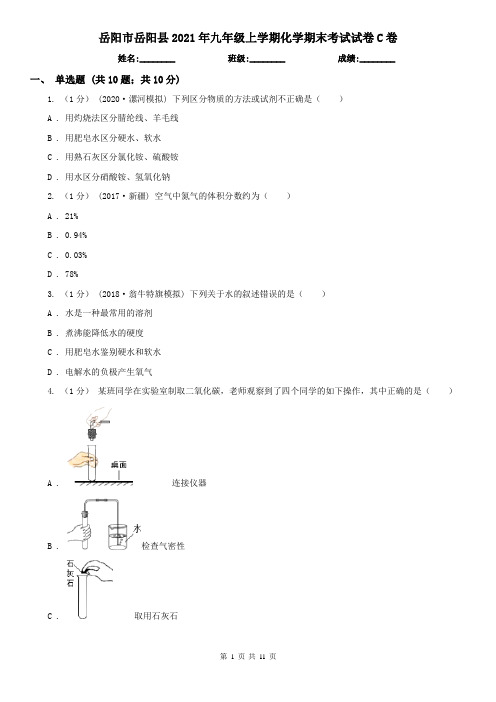 岳阳市岳阳县2021年九年级上学期化学期末考试试卷C卷