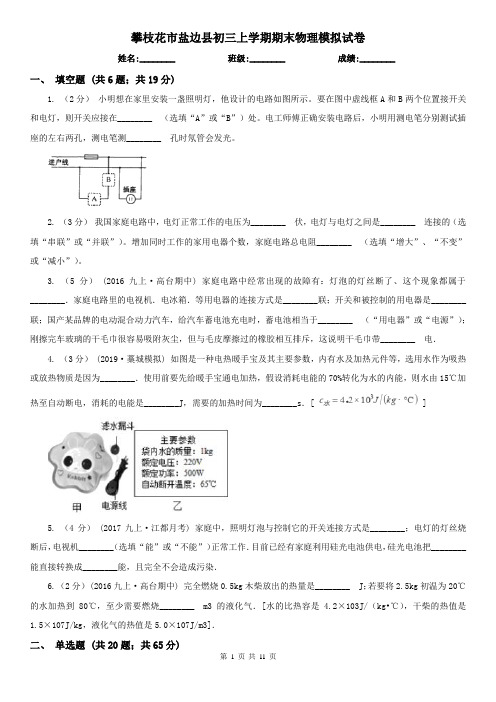 攀枝花市盐边县初三上学期期末物理模拟试卷