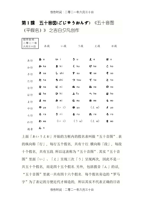 日语五十音图打印版