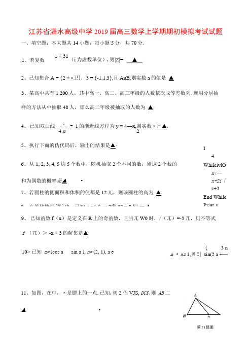 江苏省溧水高级中学2019届高三数学上学期期初模拟考试试题