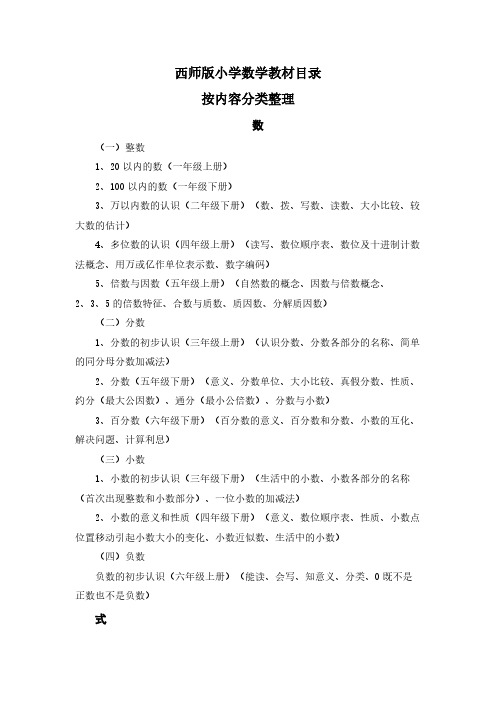 西师版小学数学教材目录(按内容分类整理)