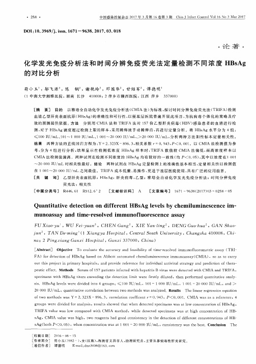 化学发光免疫分析法和时间分辨免疫荧光法定量检测不同浓度HBsAg的