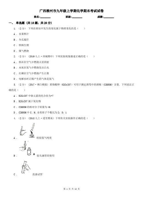 广西柳州市九年级上学期化学期末考试试卷