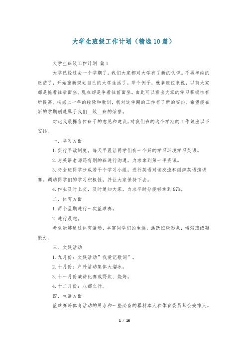 大学生班级工作计划(精选10篇)