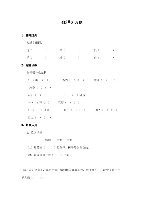 最新长春版小学语文五年级上册《野草》精选习题第一课时(精品)