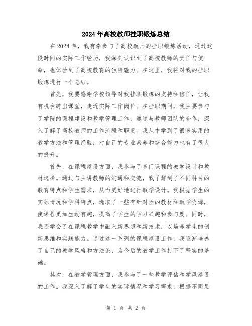 2024年高校教师挂职锻炼总结