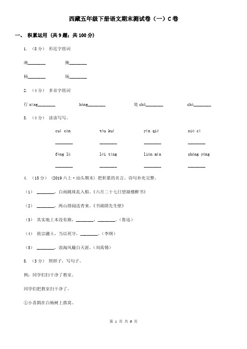 西藏五年级下册语文期末测试卷(一)C卷