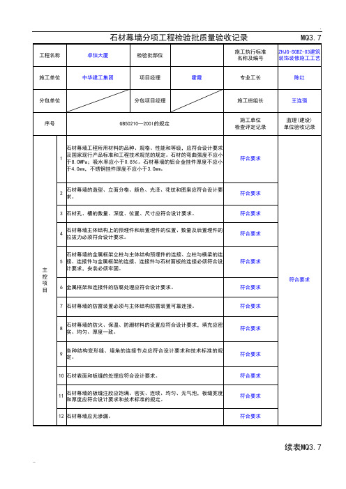 石材幕墙分项工程检验批质量验收记录