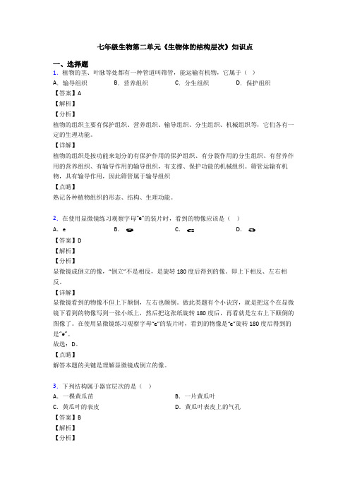 七年级生物第二单元《生物体的结构层次》知识点