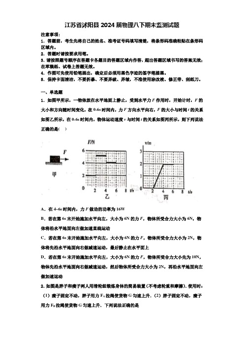 江苏省沭阳县2024届物理八下期末监测试题含解析