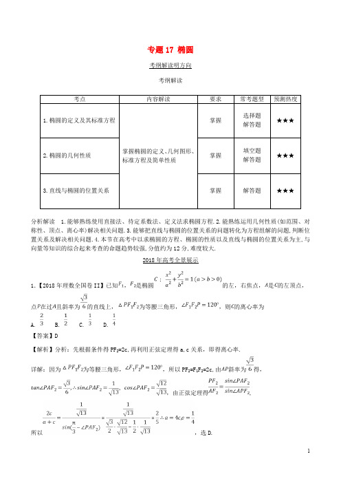 三年高考(2016_2018)高考数学试题分项版解析专题17椭圆理(含解析)