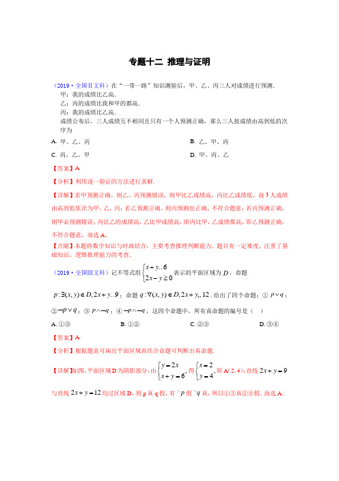 2017-2018-2019年三年高考数学文科真题分类汇编(解析版) 专题12  推理与证明