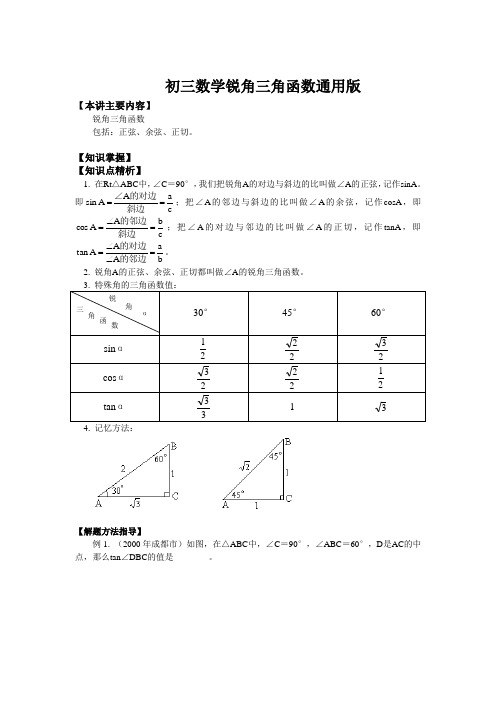 初三数学锐角三角函数通用版