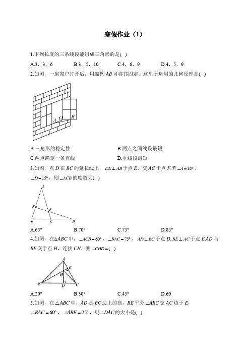 人教版八年级数学上册 寒假作业(1)